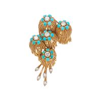 YELLOW GOLD, TURQUOISE AND DIAMOND BROOCH