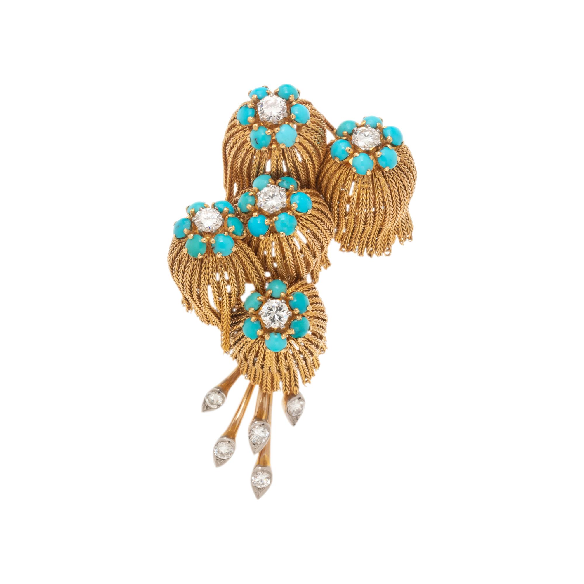 YELLOW GOLD, TURQUOISE AND DIAMOND BROOCH