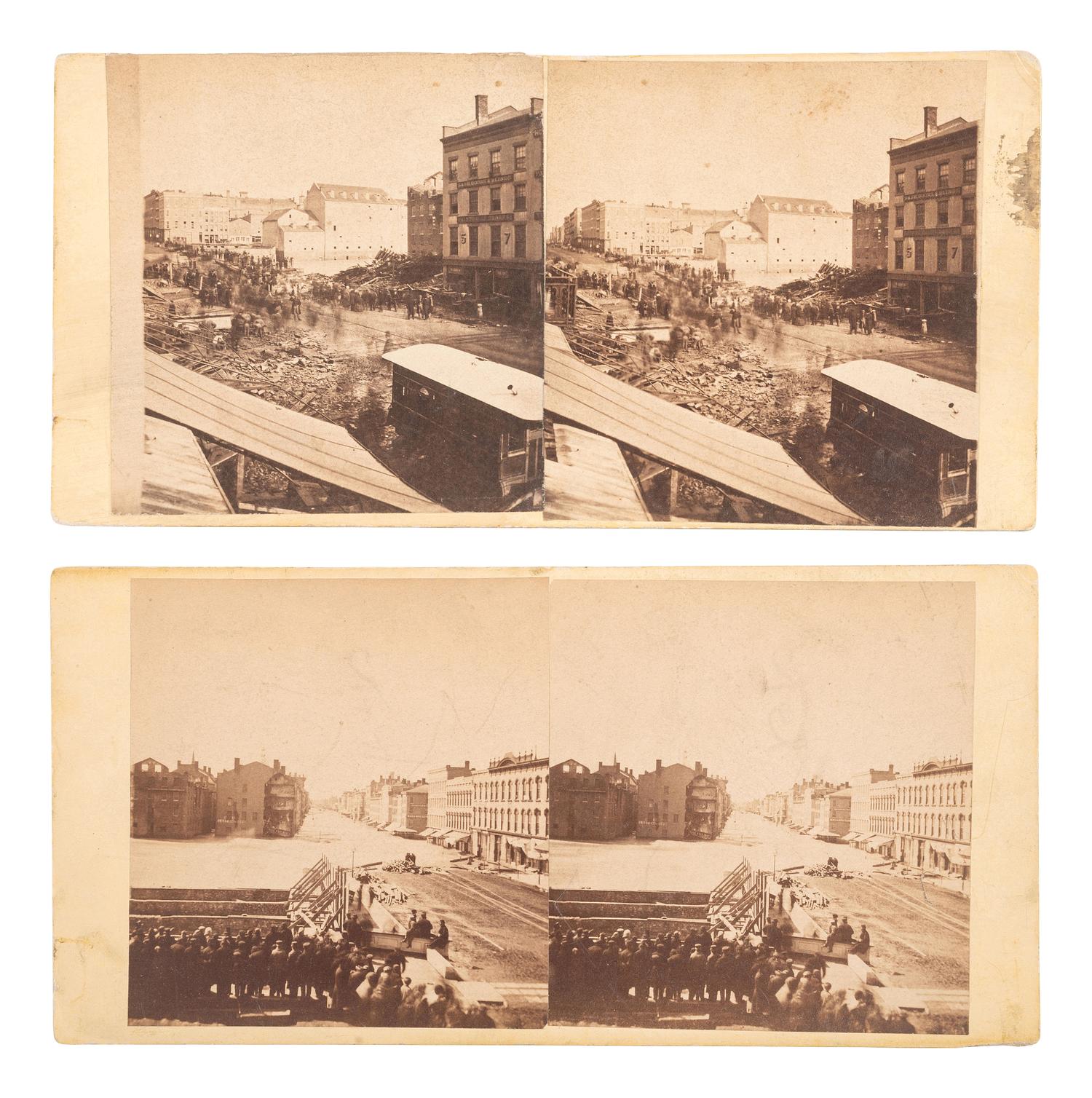 [EARLY PHOTOGRAPHY - STEREOVIEWS]. [KEMPE & GATES, photographers]. A group of 7 stereoviews documenting the effects of the 1865 flood in Rochester, NY in real time. [Rochester]: [ca 1865].