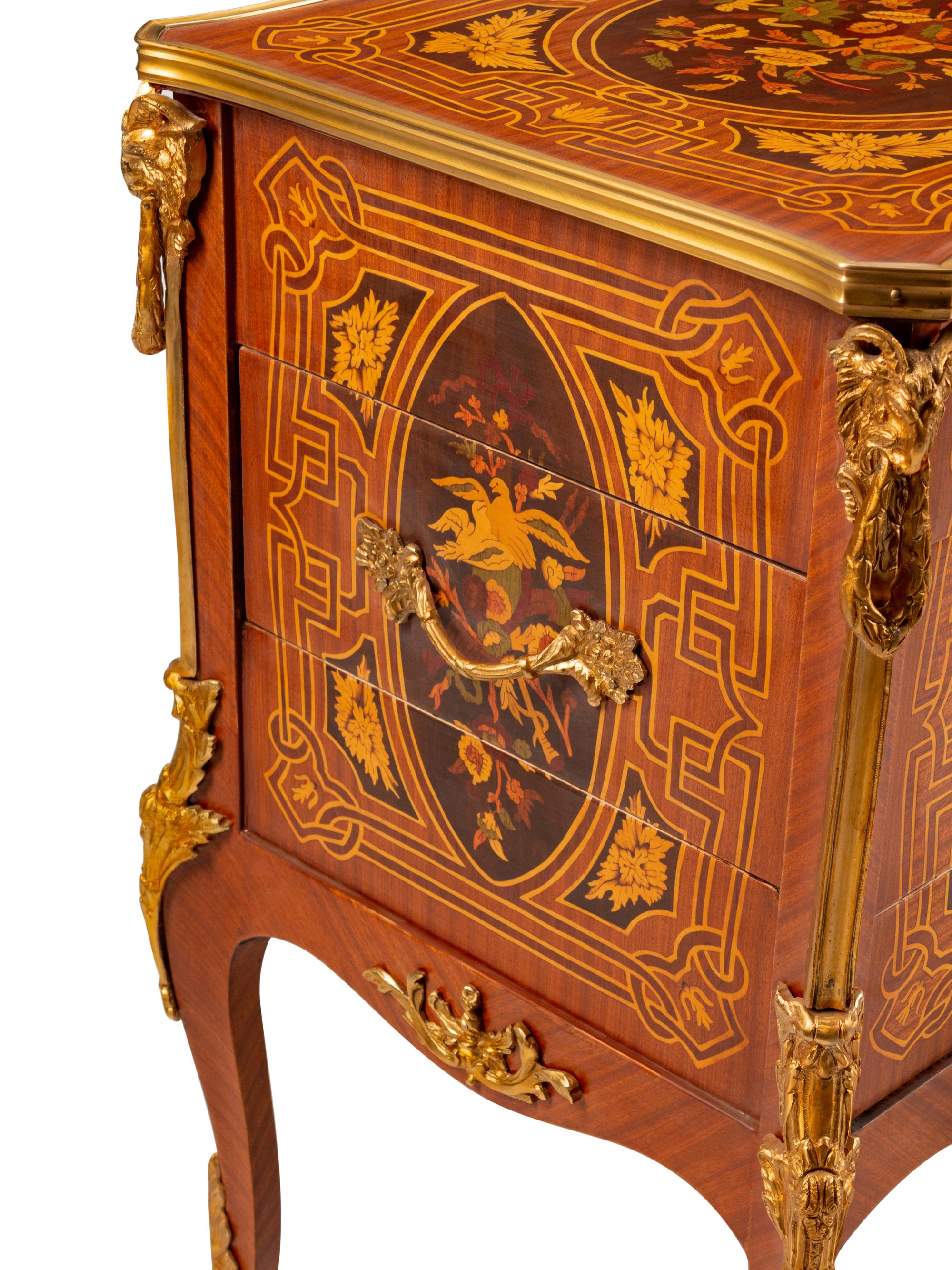 A Pair of Louis XV Style Gilt-Bronze-Mounted Marquetry Side Cabinets