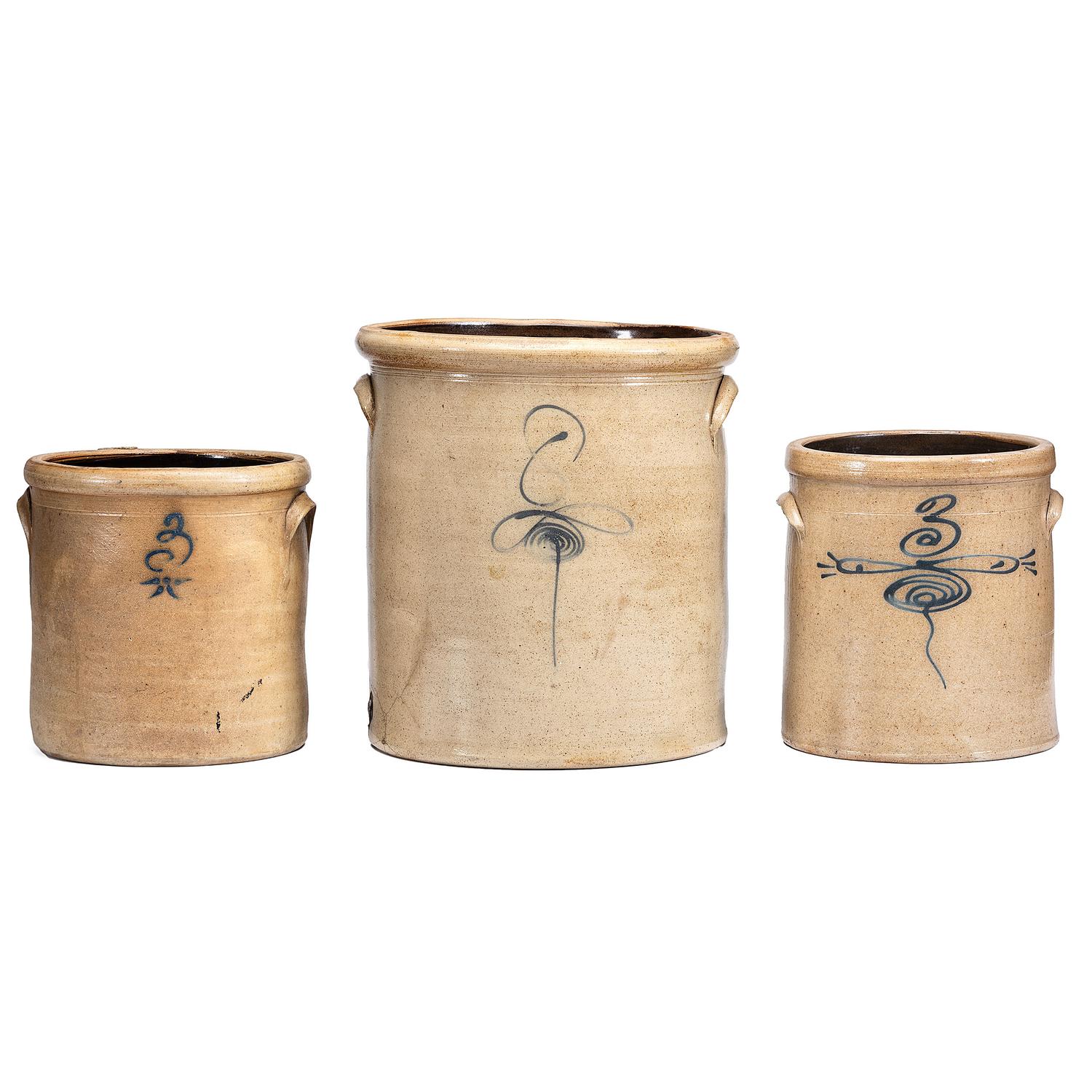 Three Stoneware Crocks with Cobalt Capacity Marks