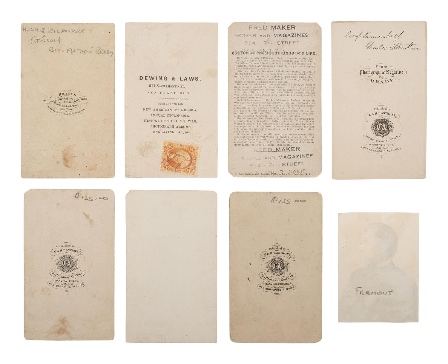 [CIVIL WAR]. 15 CDVs & cabinet cards, incl. Lincoln, his generals, Tom Thumb, & other personalities.