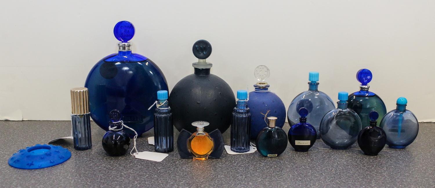 A Collection of Sixteen French Glass Perfume Bottles. Height of tallest 6 3/4 inches.