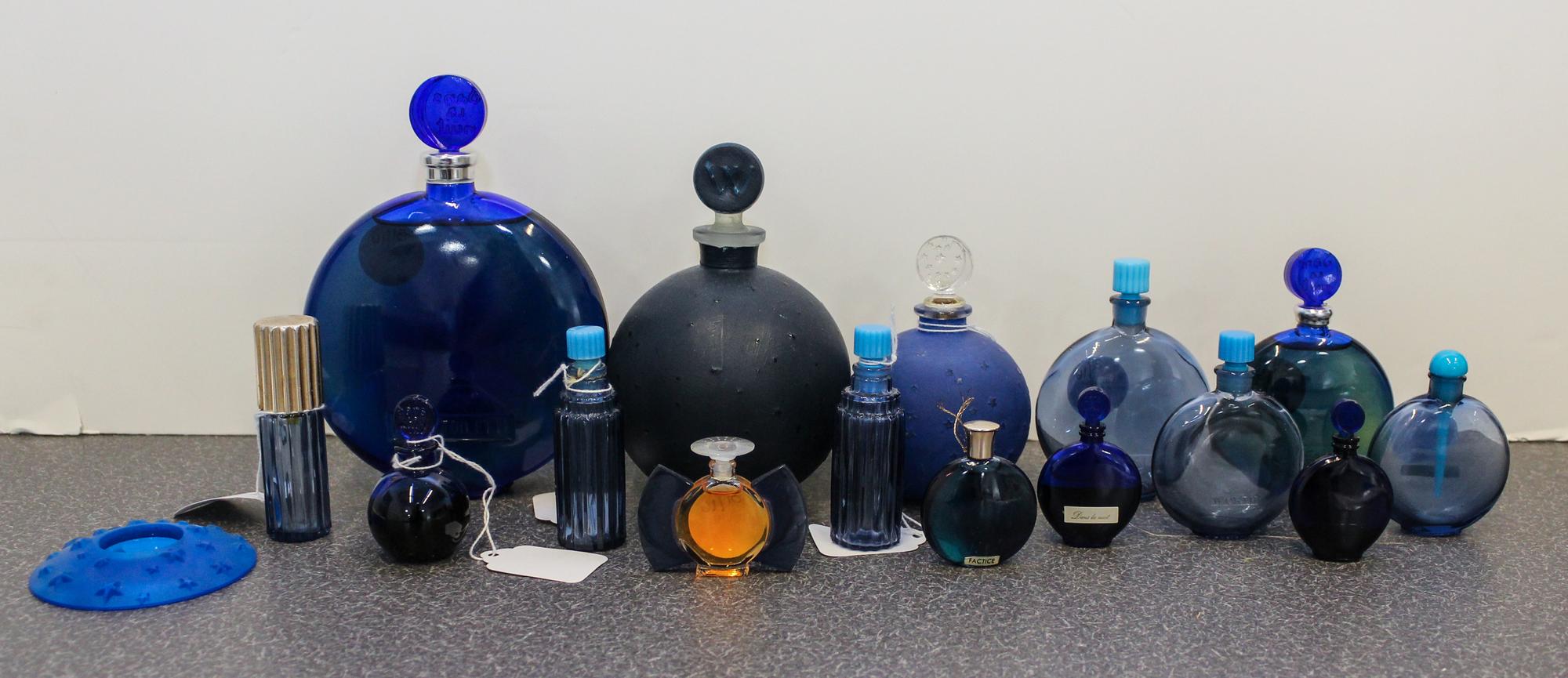 A Collection of Sixteen French Glass Perfume Bottles. Height of tallest 6 3/4 inches.