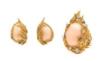 An 18 Karat Yellow Gold, Angelskin Coral and Diamond Demi Parure, 38.50 dwts.