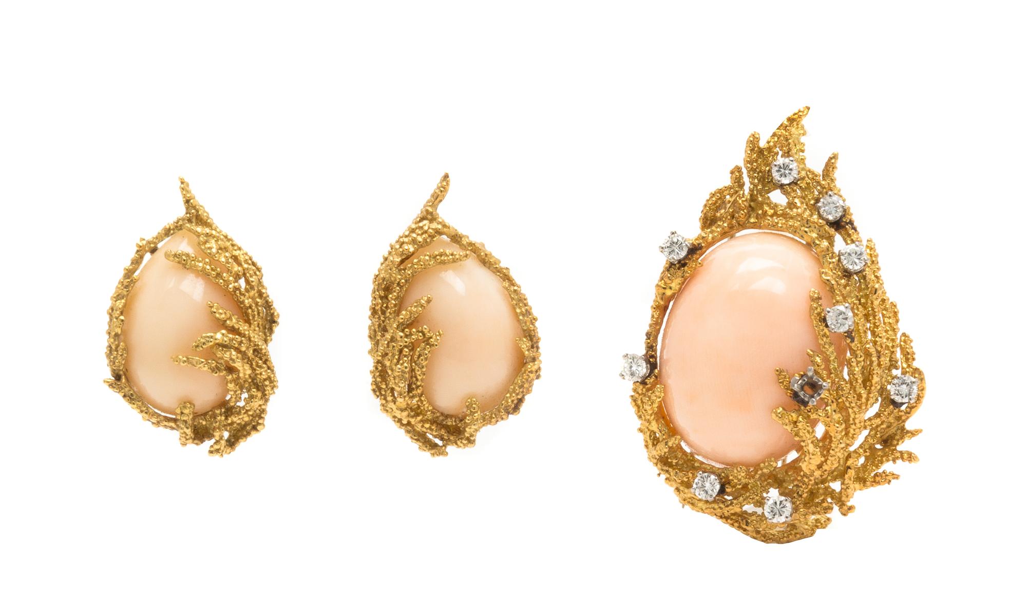 An 18 Karat Yellow Gold, Angelskin Coral and Diamond Demi Parure, 38.50 dwts.