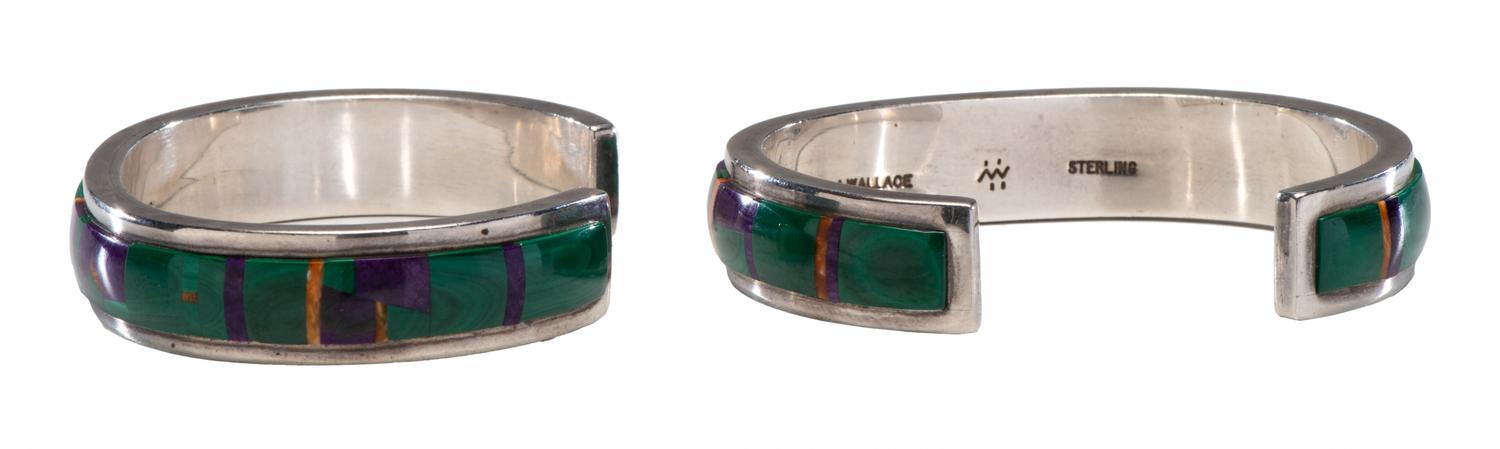 Sterling Silver Cuff Bracelets, with Malachite, Sugilite, and Spiny Oyster Mosaic Inlay, Matching Pair Lot is located and will ship from Denver, Colorado.