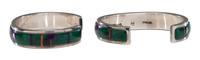 Sterling Silver Cuff Bracelets, with Malachite, Sugilite, and Spiny Oyster Mosaic Inlay, Matching Pair Lot is located and will ship from Denver, Colorado.