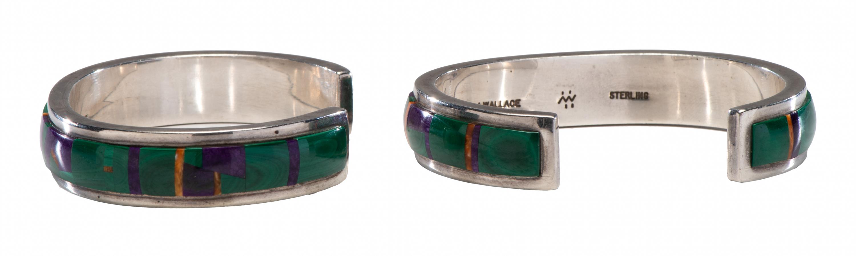 Sterling Silver Cuff Bracelets, with Malachite, Sugilite, and Spiny Oyster Mosaic Inlay, Matching Pair Lot is located and will ship from Denver, Colorado.