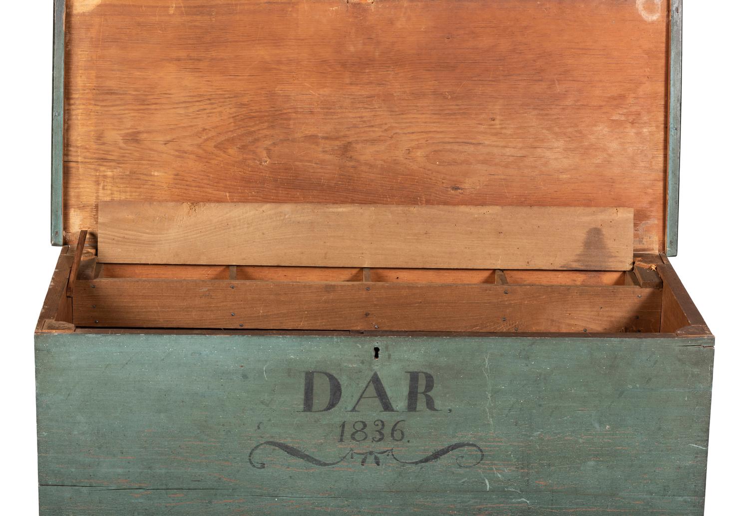 A Federal Blue Painted Poplar DAR 1836 Inscribed Blanket Chest