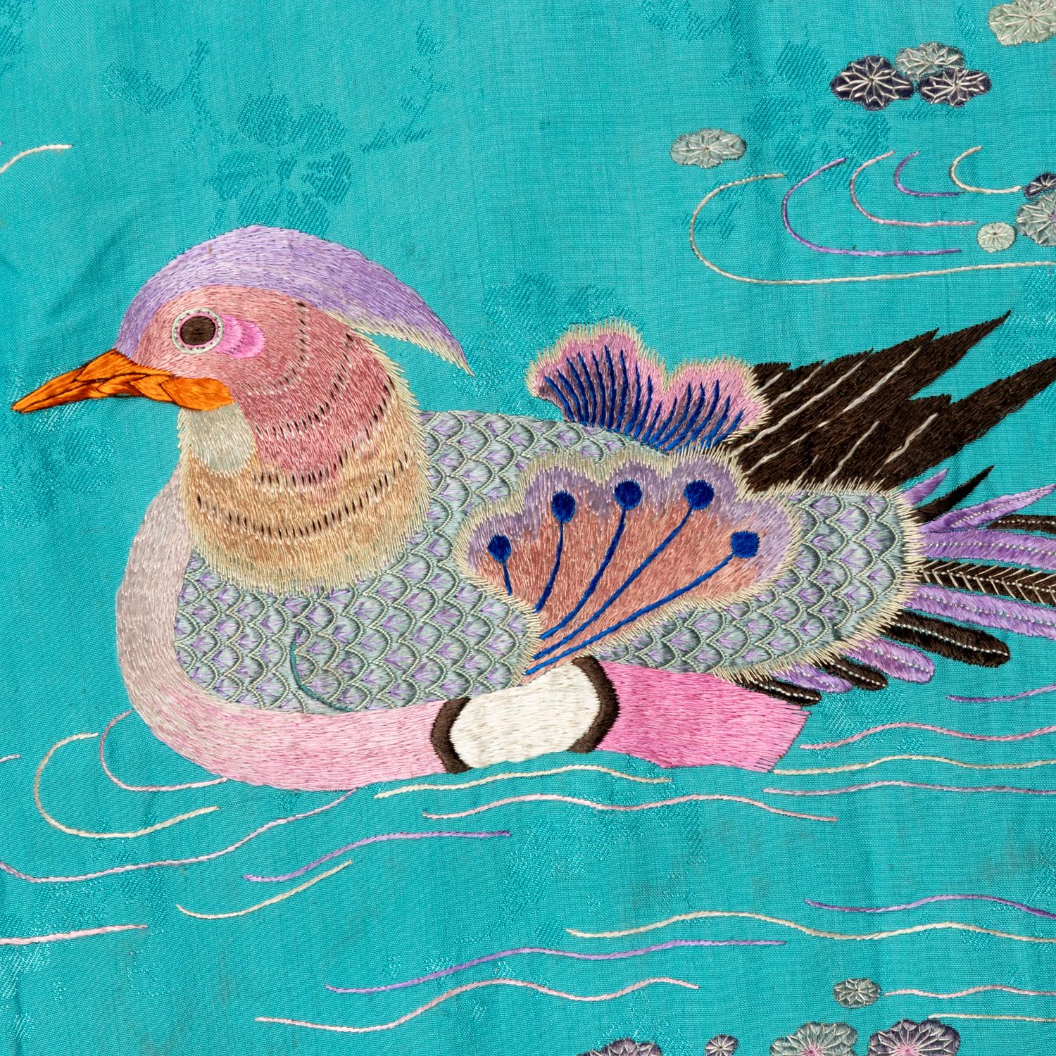 A Large Chinese Embroidered Silk Hanging Panel, Late 19th Century 清晚期 藍地綉花鳥大挂賬