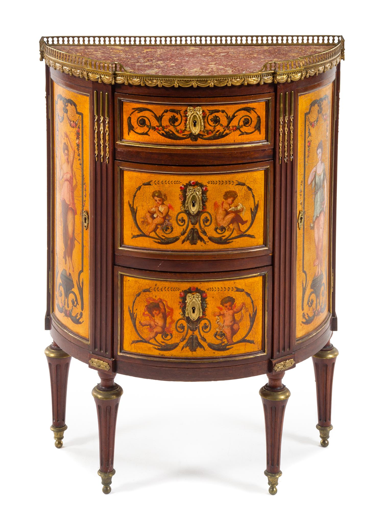 An Italian Painted Mahogany and Burlwood Demilune Commode Height 35 x width 25 1/4 x depth 12 3/8 inches. — LATE 19TH CENTURY