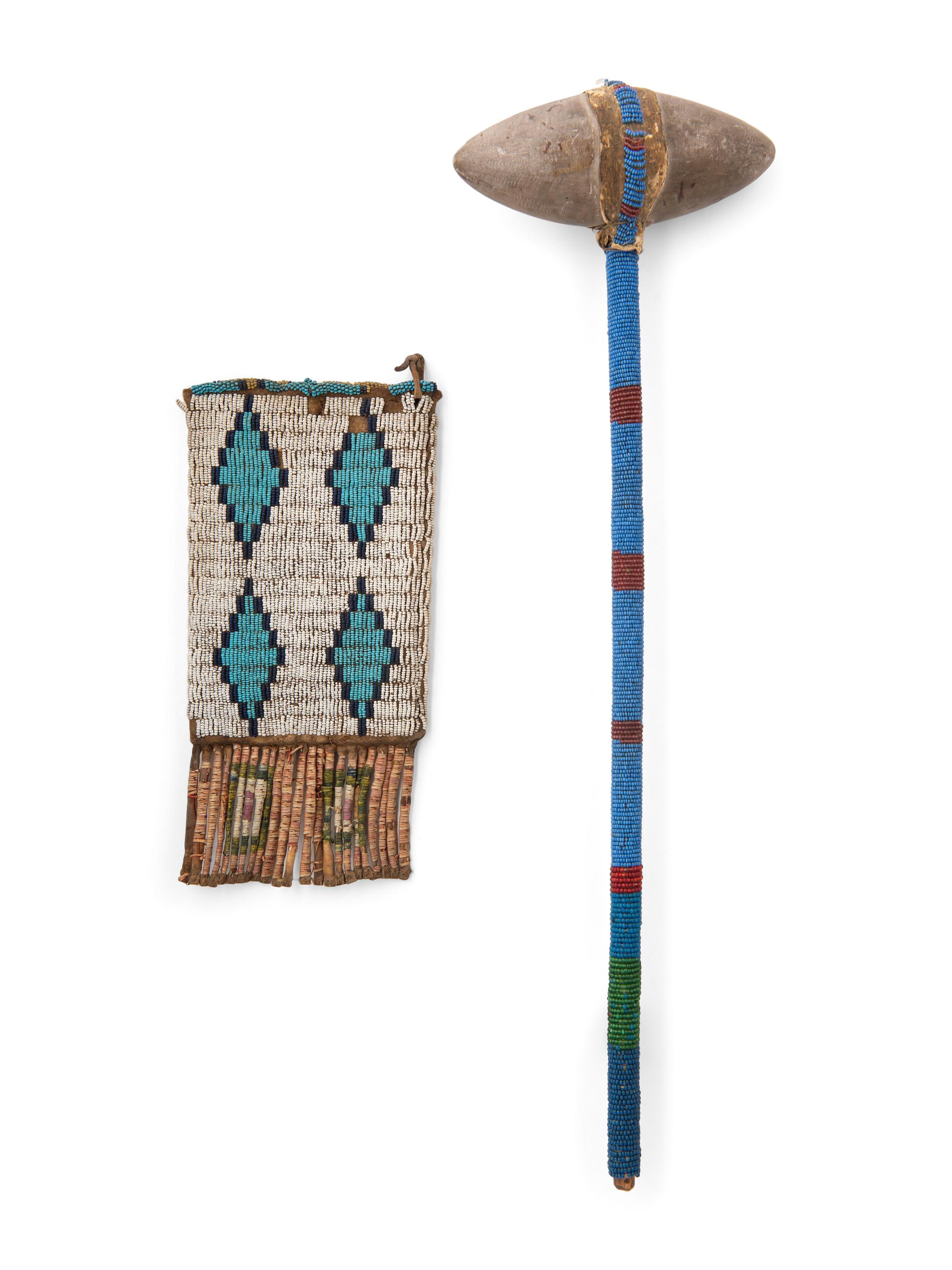 Sioux Beaded Buffalo Hide Bag and Club