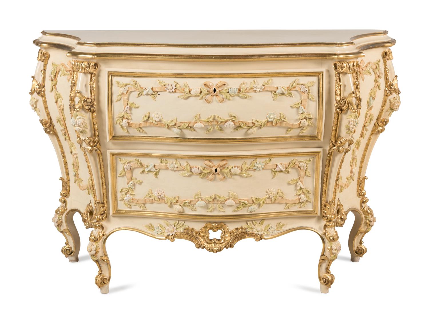 A Venetian Style Painted Bombé Commode
