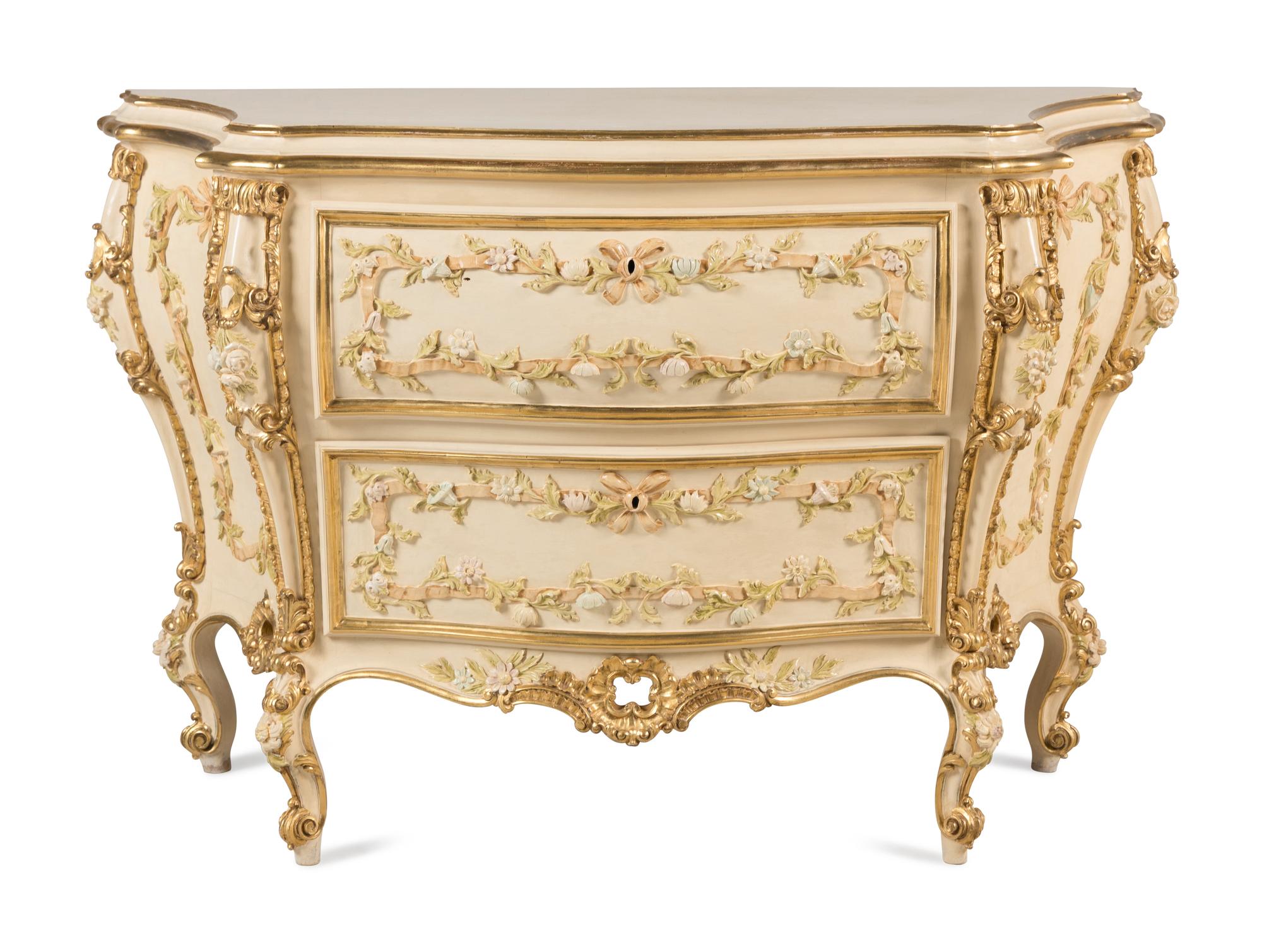 A Venetian Style Painted Bombé Commode