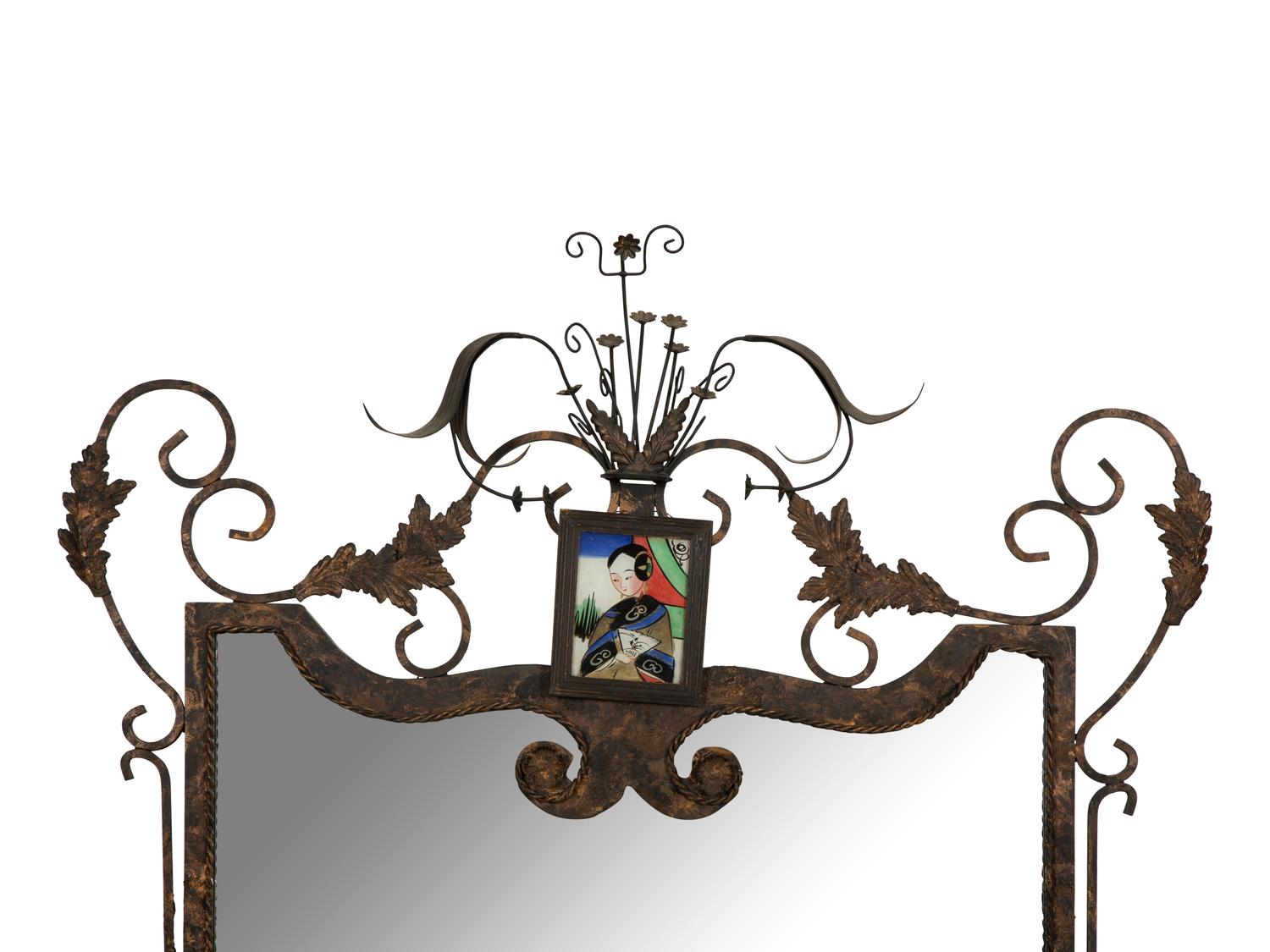 A Whimsical Patinated and Parcel Gilt Metal Framed Mirror