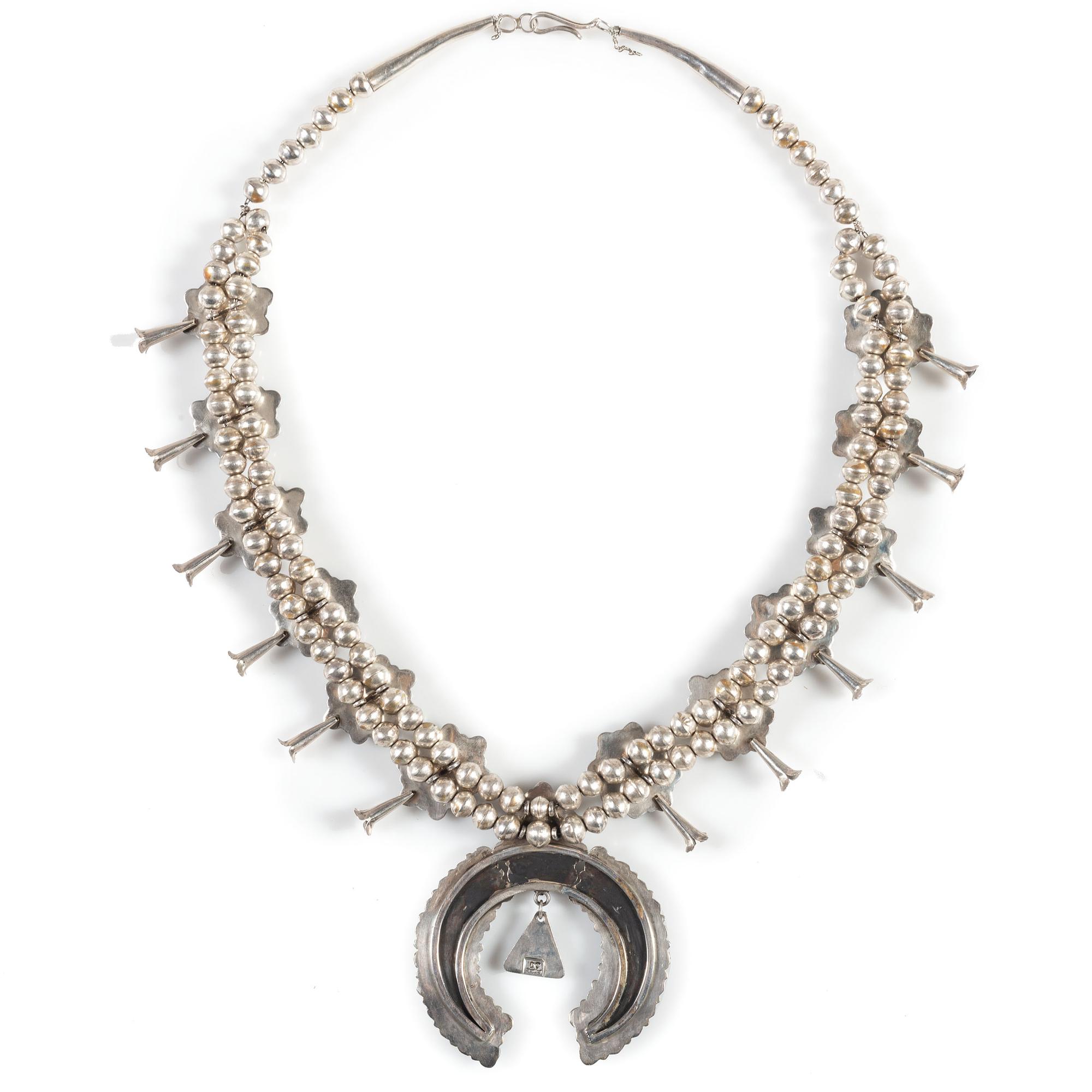 Navajo Silver and Turquoise Cluster Squash Blossom Necklace