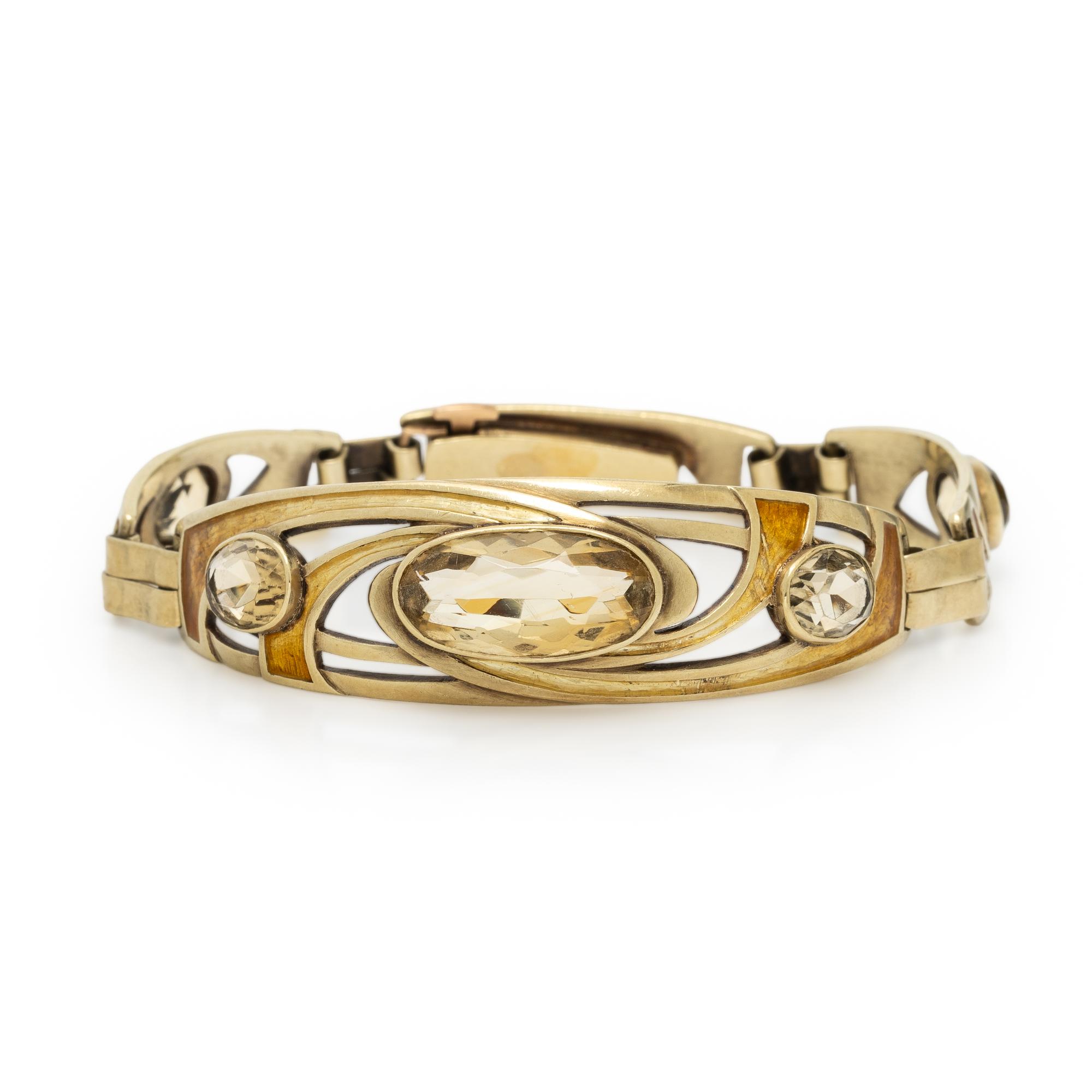 ART NOUVEAU, CITRINE, ENAMEL, AND YELLOW GOLD BRACELET