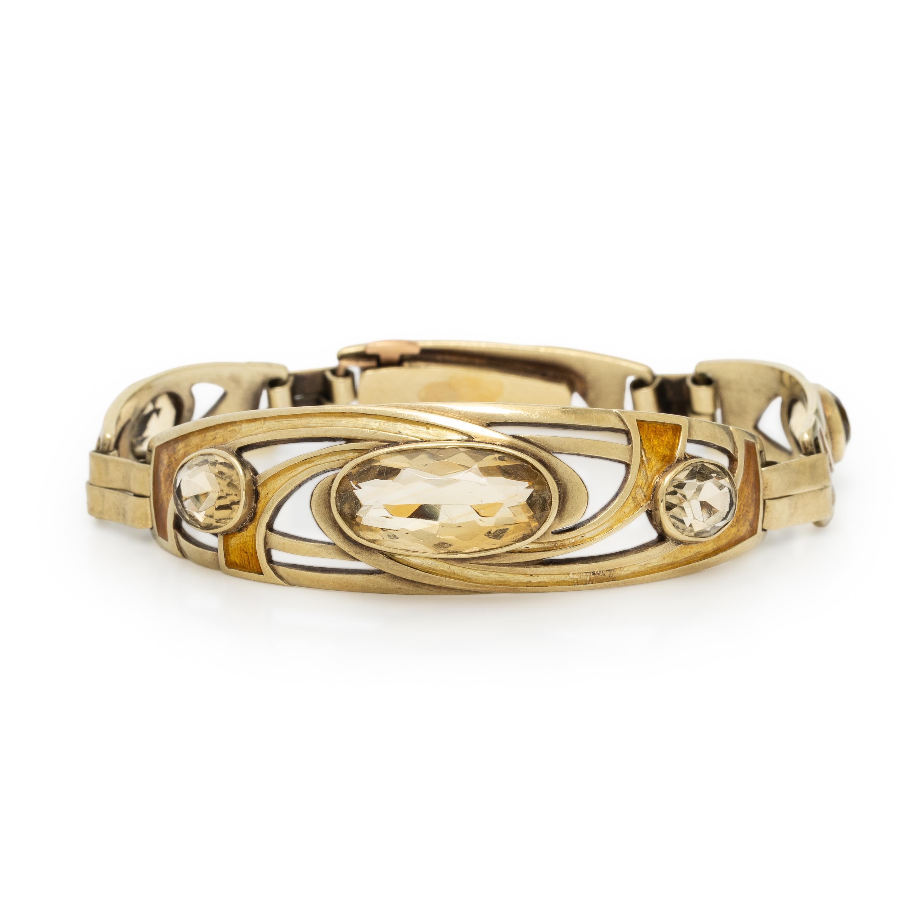 ART NOUVEAU, CITRINE, ENAMEL, AND YELLOW GOLD BRACELET