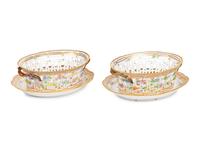 A Pair of Royal Copenhagen Flora Danica Reticulated Porcelain Oval Fruit Baskets and Stands