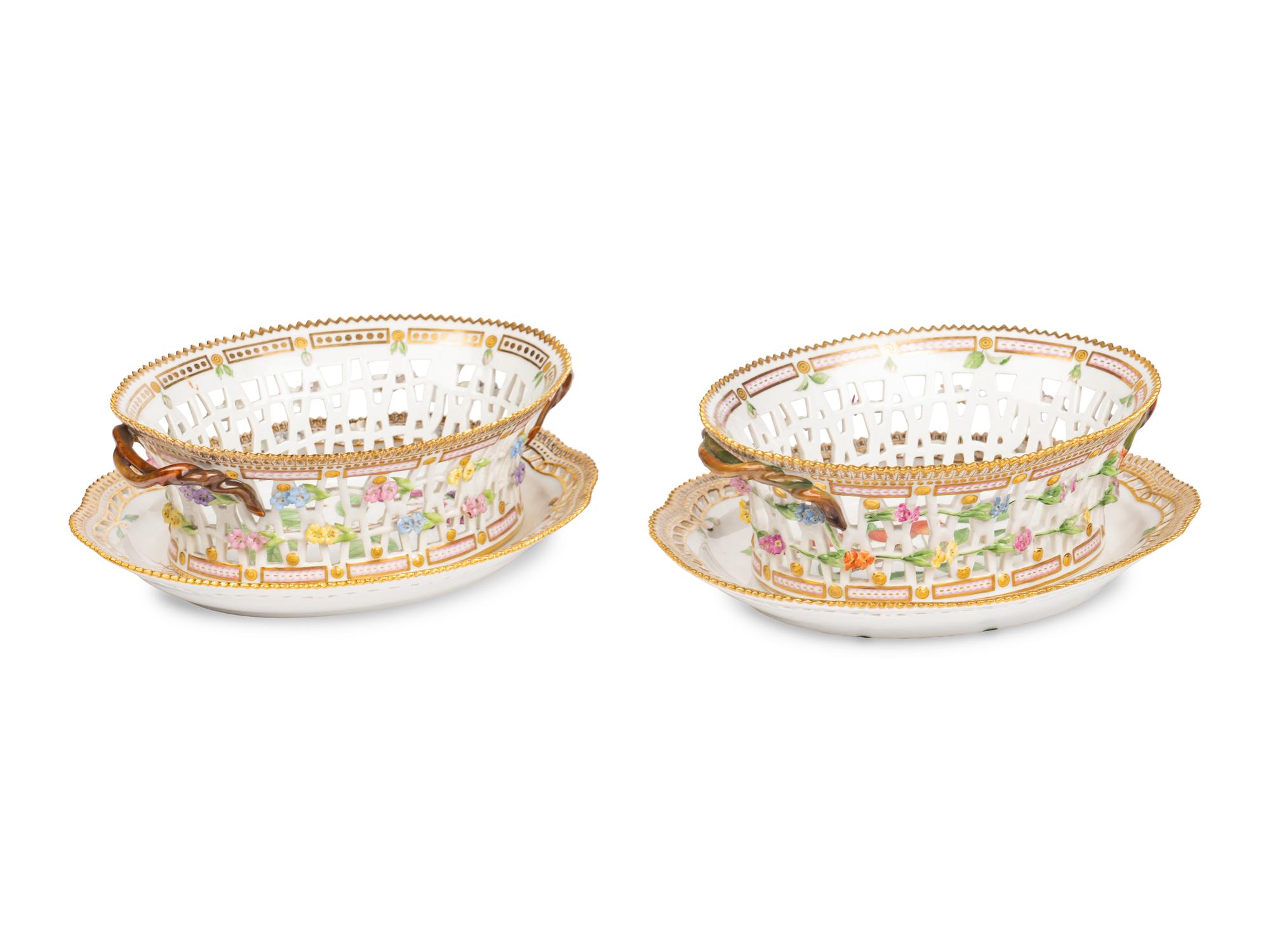 A Pair of Royal Copenhagen Flora Danica Reticulated Porcelain Oval Fruit Baskets and Stands