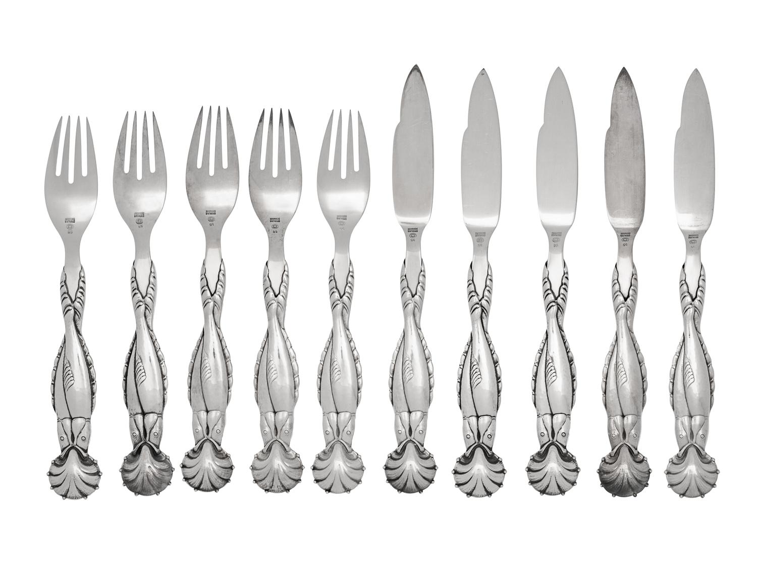 A Georg Jensen Silver Ornamental Fish Service
