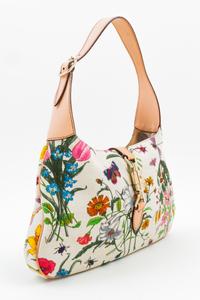A Gucci Floral Canvas Handbag, 12" x 8" x 1.5"; Strap drop: 9".