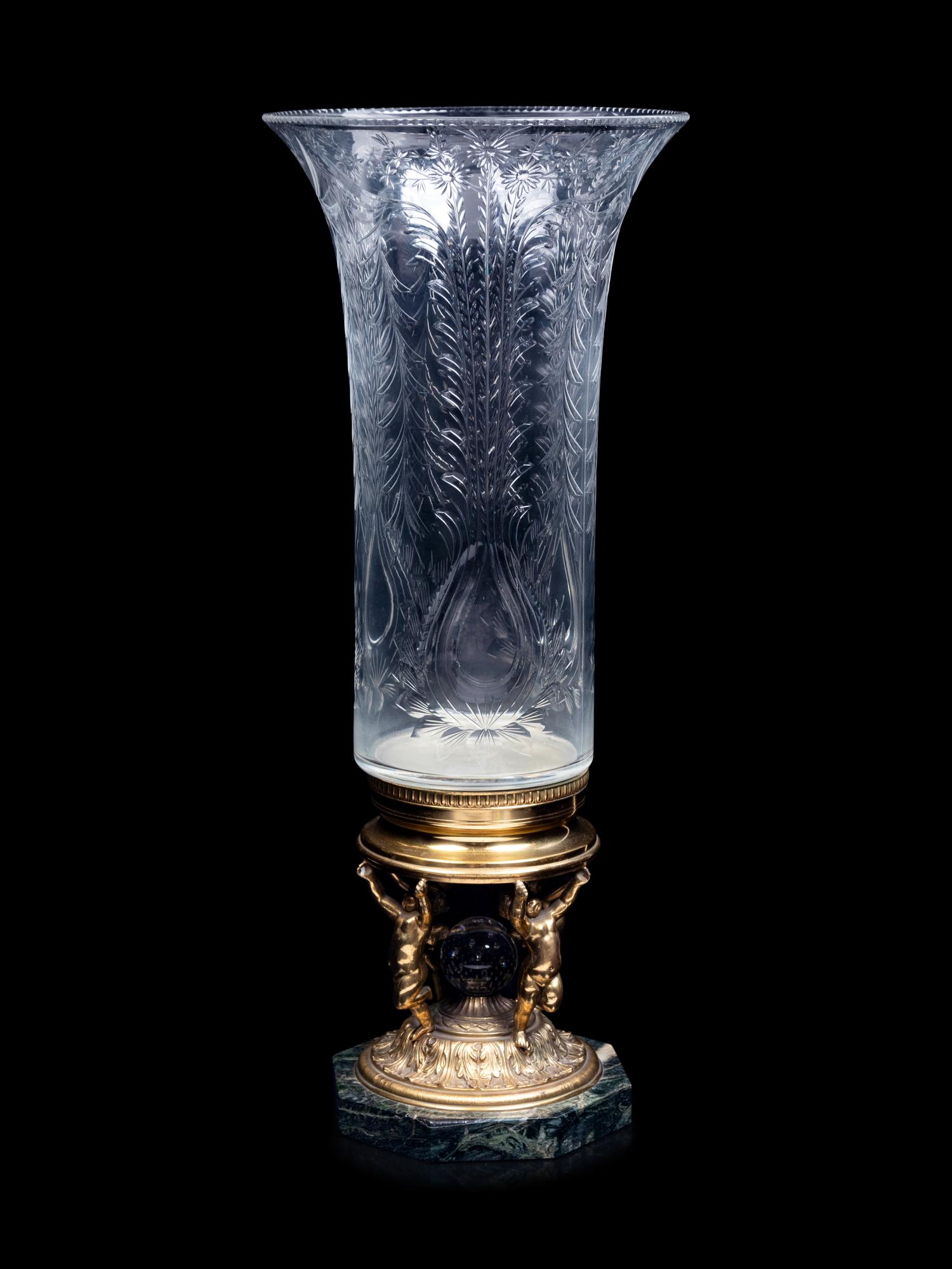 A French Gilt Bronze and Etched Glass Vase with Figural Supports