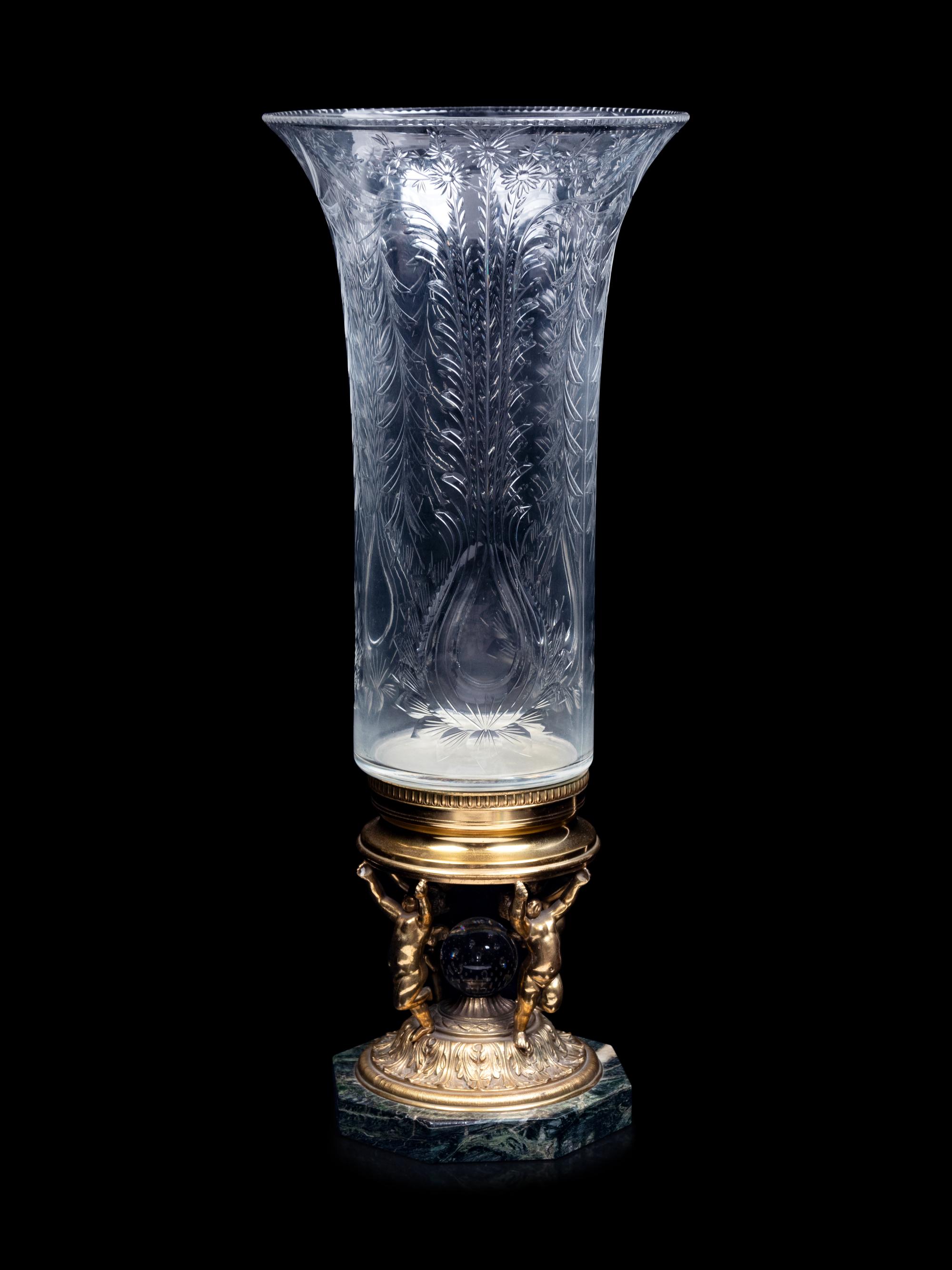 A French Gilt Bronze and Etched Glass Vase with Figural Supports