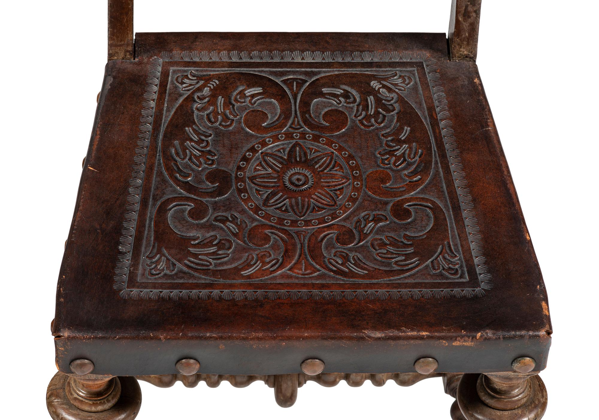 Six Mizner Carved Walnut and Embossed Leather Back Side Chairs