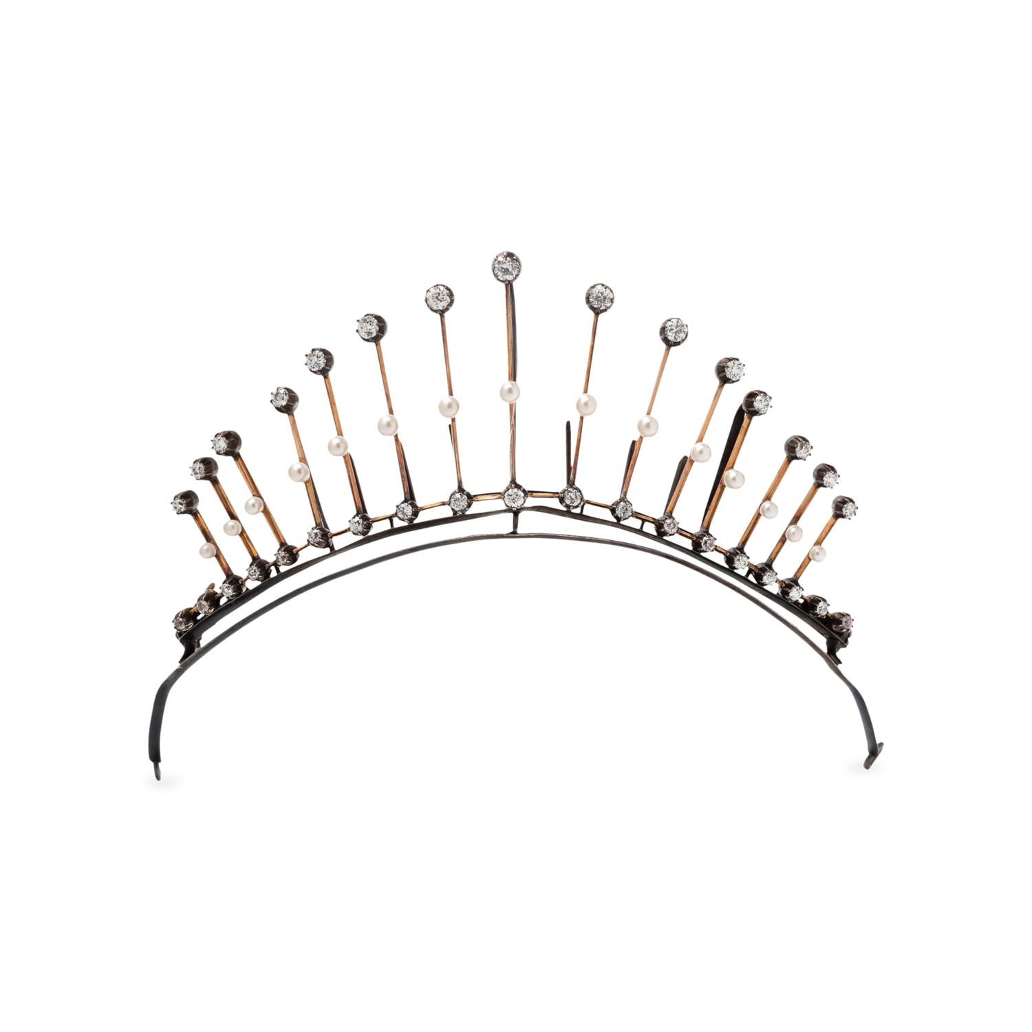 ANTIQUE, CONVERTIBLE, DIAMOND AND PEARL TIARA/NECKLACE