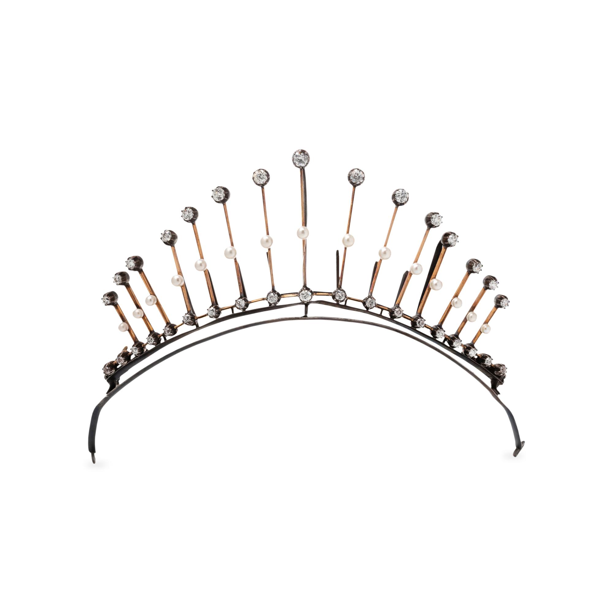 ANTIQUE, CONVERTIBLE, DIAMOND AND PEARL TIARA/NECKLACE