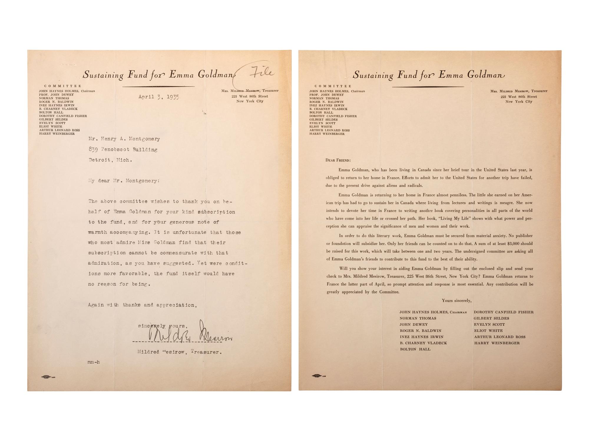 [ANARCHISM]. GOLDMAN, Emma (1869-1940). Typed letter signed ("Emma"), to Henry Montgomery. Detroit, 8 February 1917.