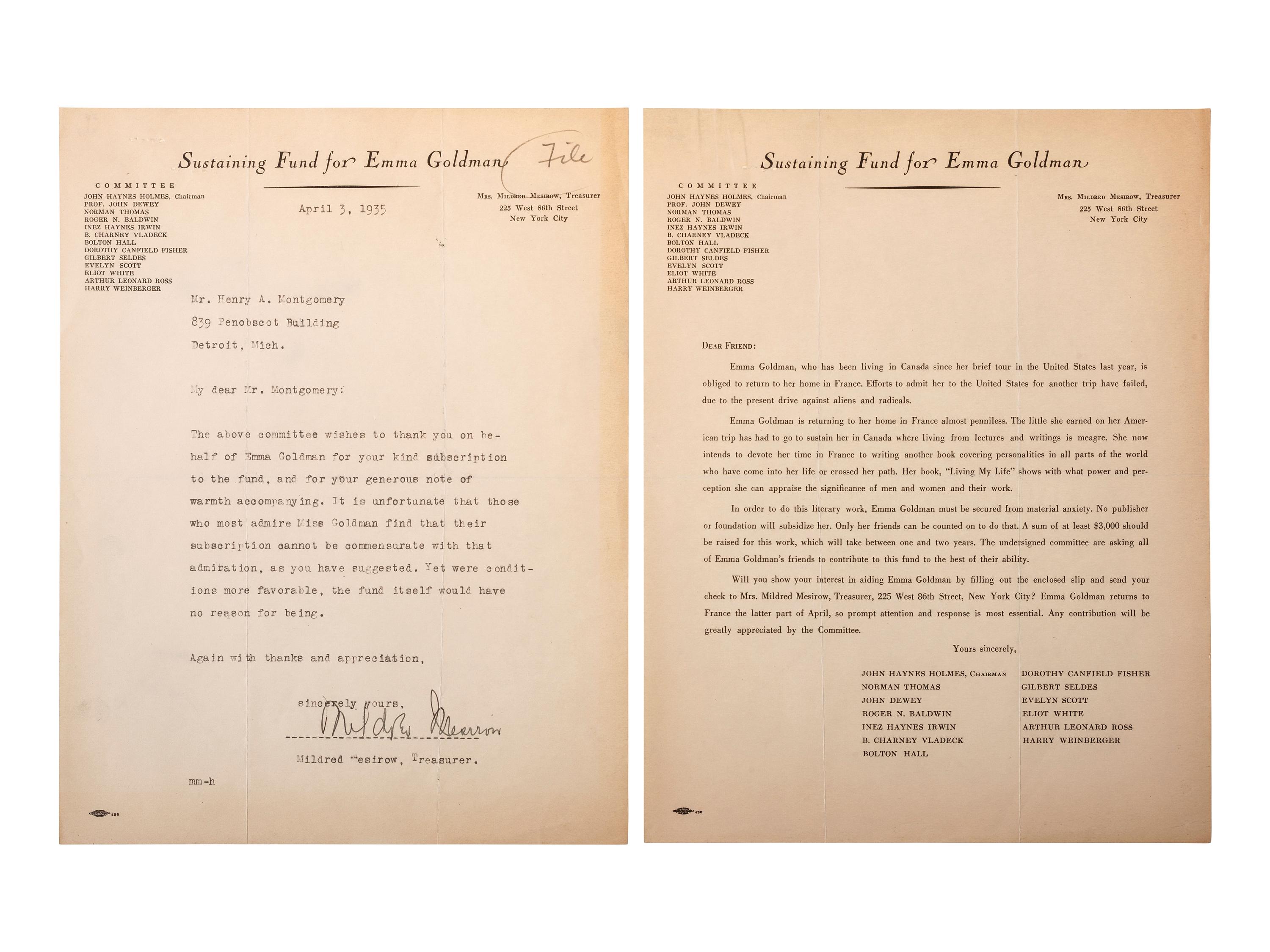 [ANARCHISM]. GOLDMAN, Emma (1869-1940). Typed letter signed ("Emma"), to Henry Montgomery. Detroit, 8 February 1917.