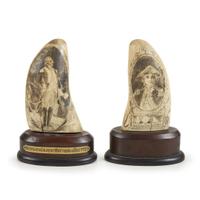 Pair of scrimshaw-decorated whale teeth Charles W. DeMontigny (1885-1957), Massachusetts, early 20th century