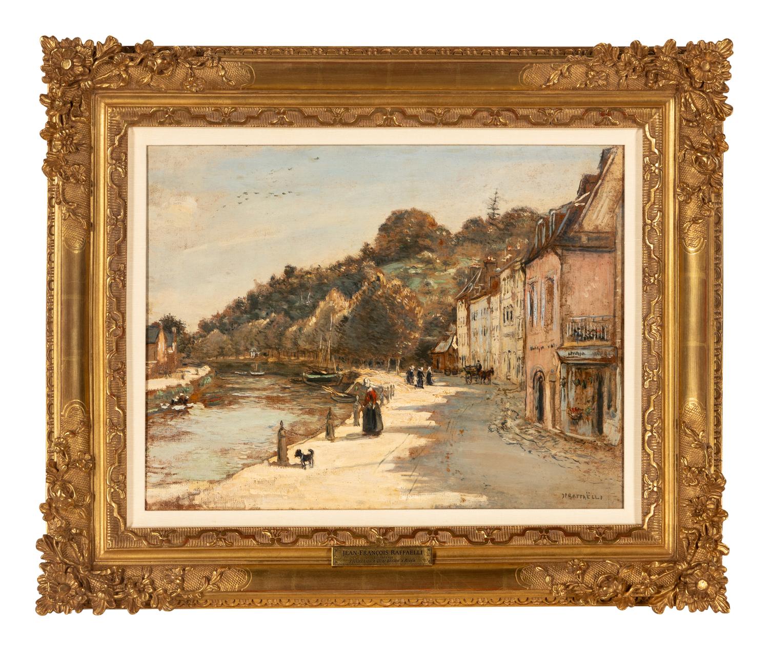 Figures on a Quai Beside a River and Village