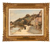 Figures on a Quai Beside a River and Village