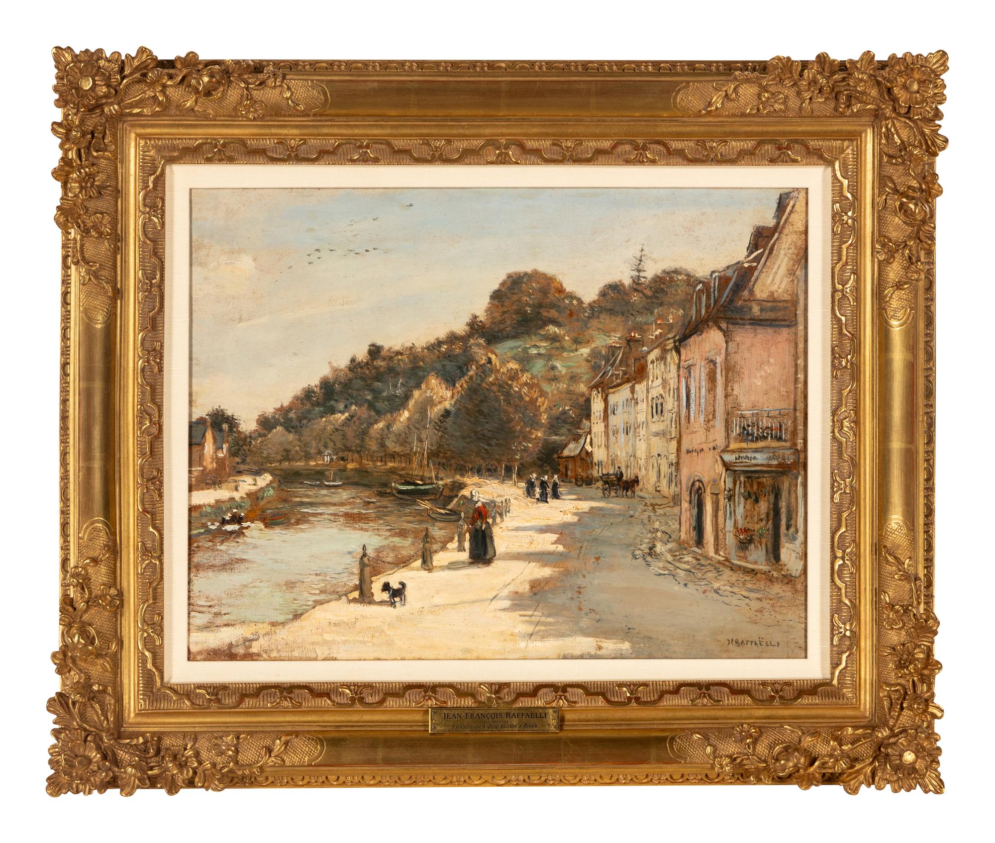 Figures on a Quai Beside a River and Village