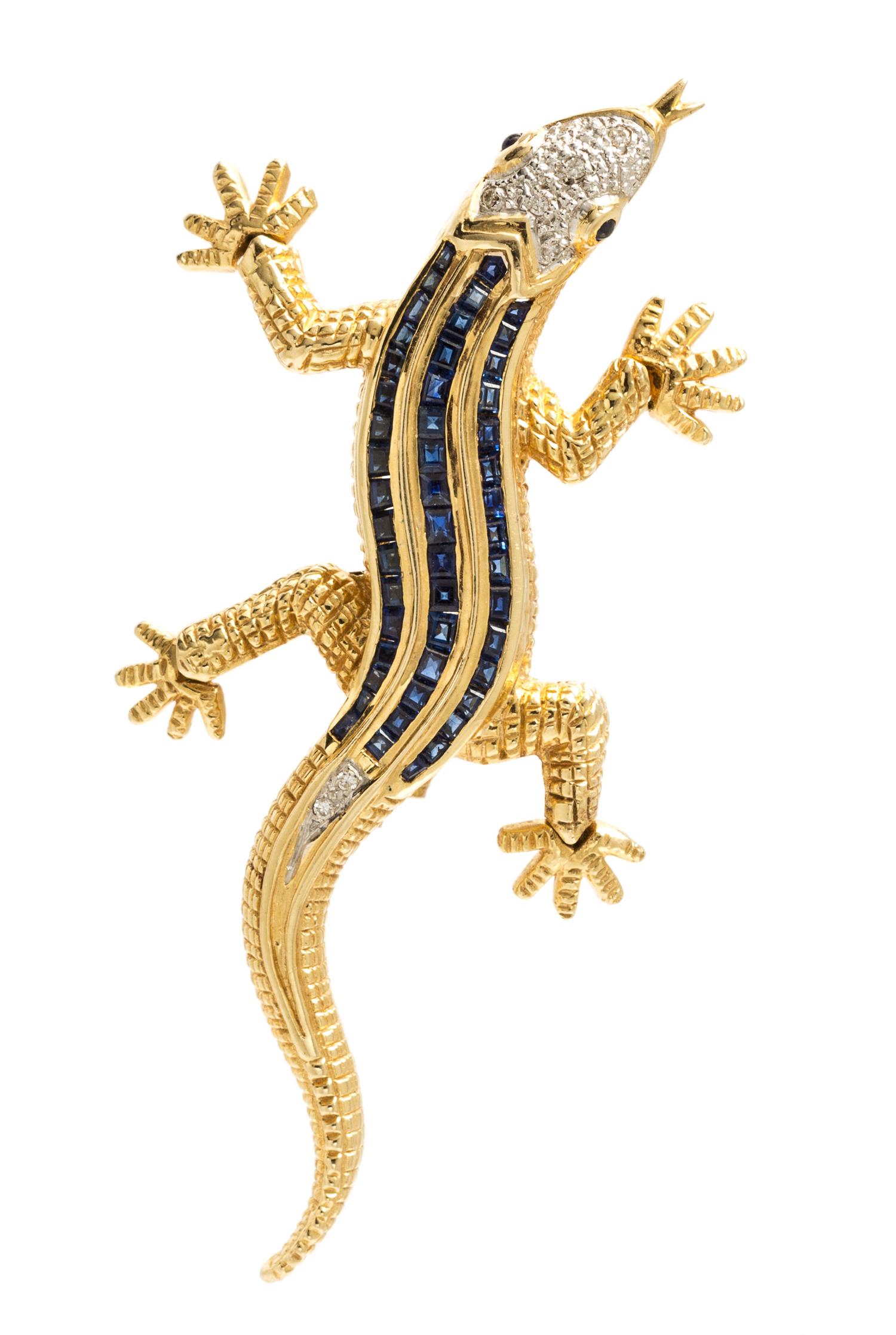 A 14 Karat Yellow Gold, Sapphire and Diamond Lizard Brooch, 10.90 dwts.