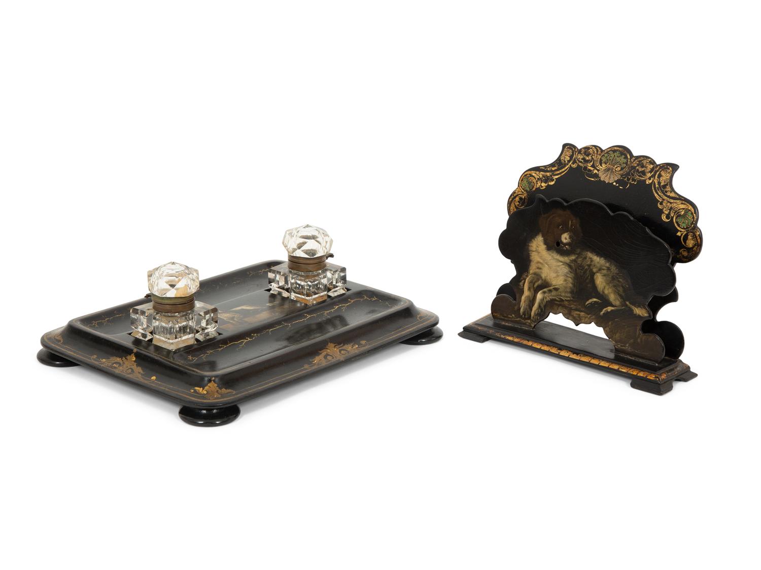 An English Black and Gilt Lacquered Papier Mache Standish and Letter Stand by Jennens and Bettridge