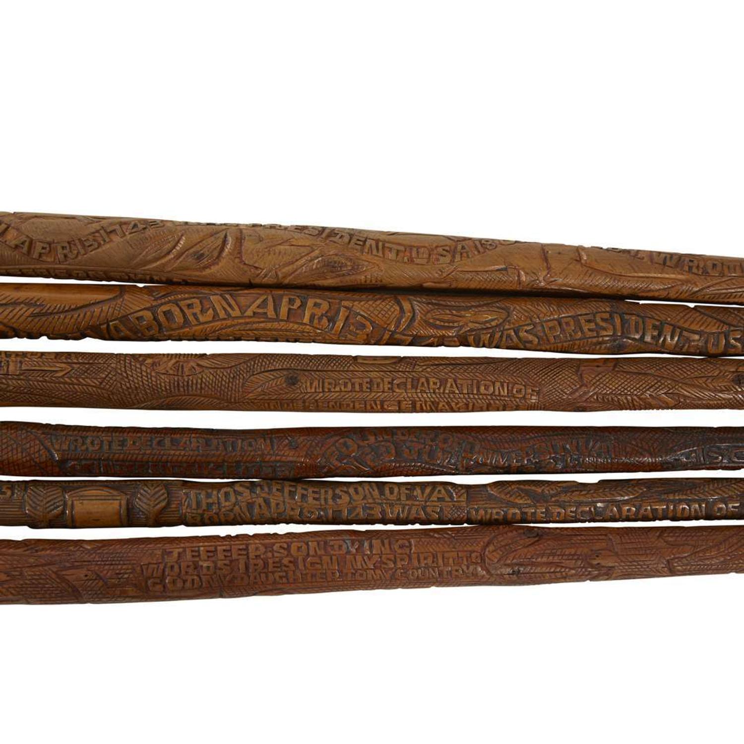 Group of six carved wood Thomas Jefferson canes or walking sticks Thomas Jefferson Craddock (1845-1918), Albemarle County, VA, circa 1870-1900