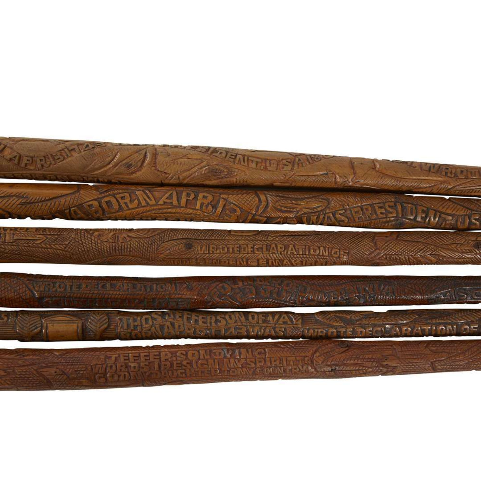 Group of six carved wood Thomas Jefferson canes or walking sticks Thomas Jefferson Craddock (1845-1918), Albemarle County, VA, circa 1870-1900