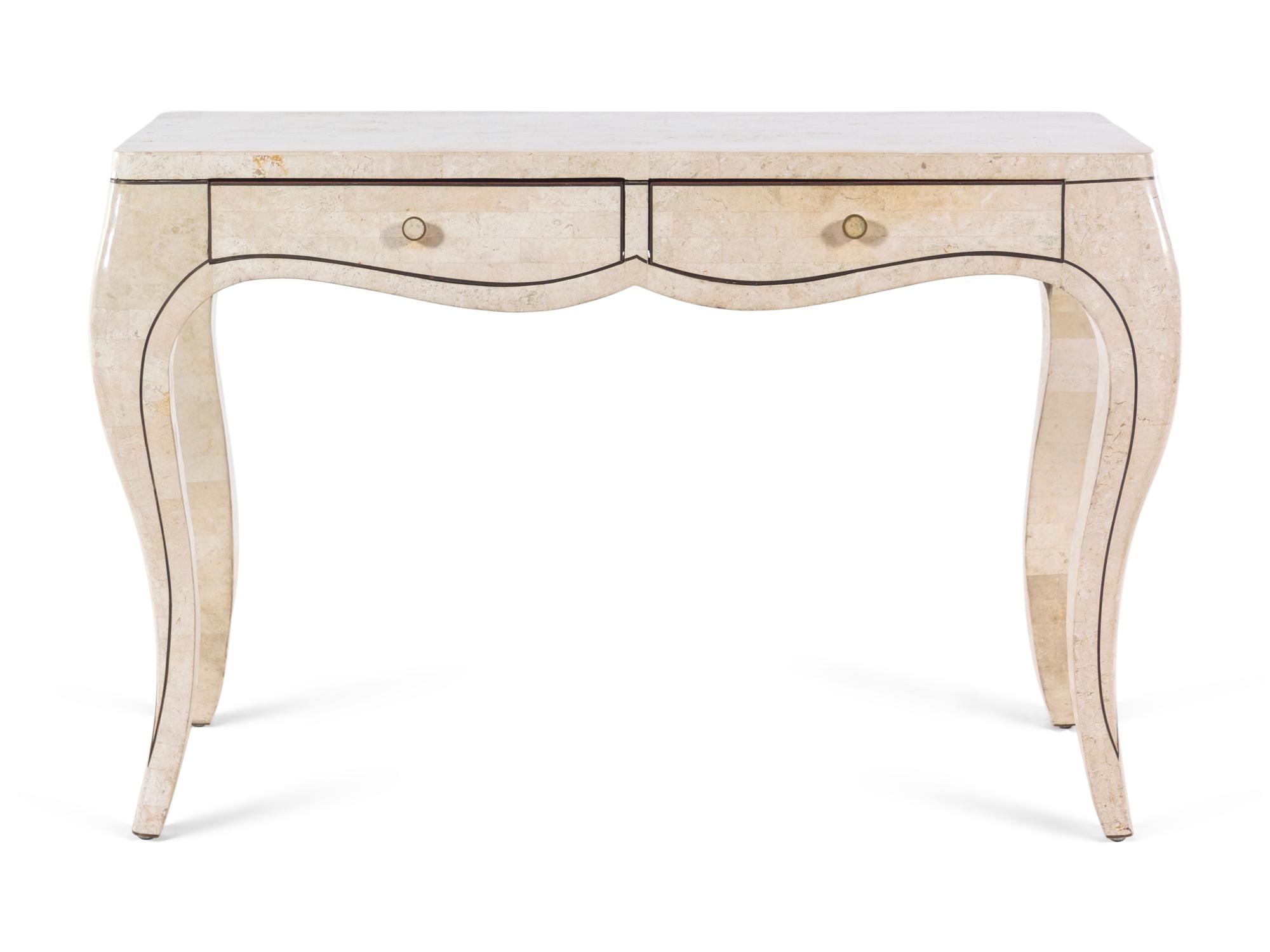 A Louis XV Style Marble Veneered and Brass Inlaid Console Table