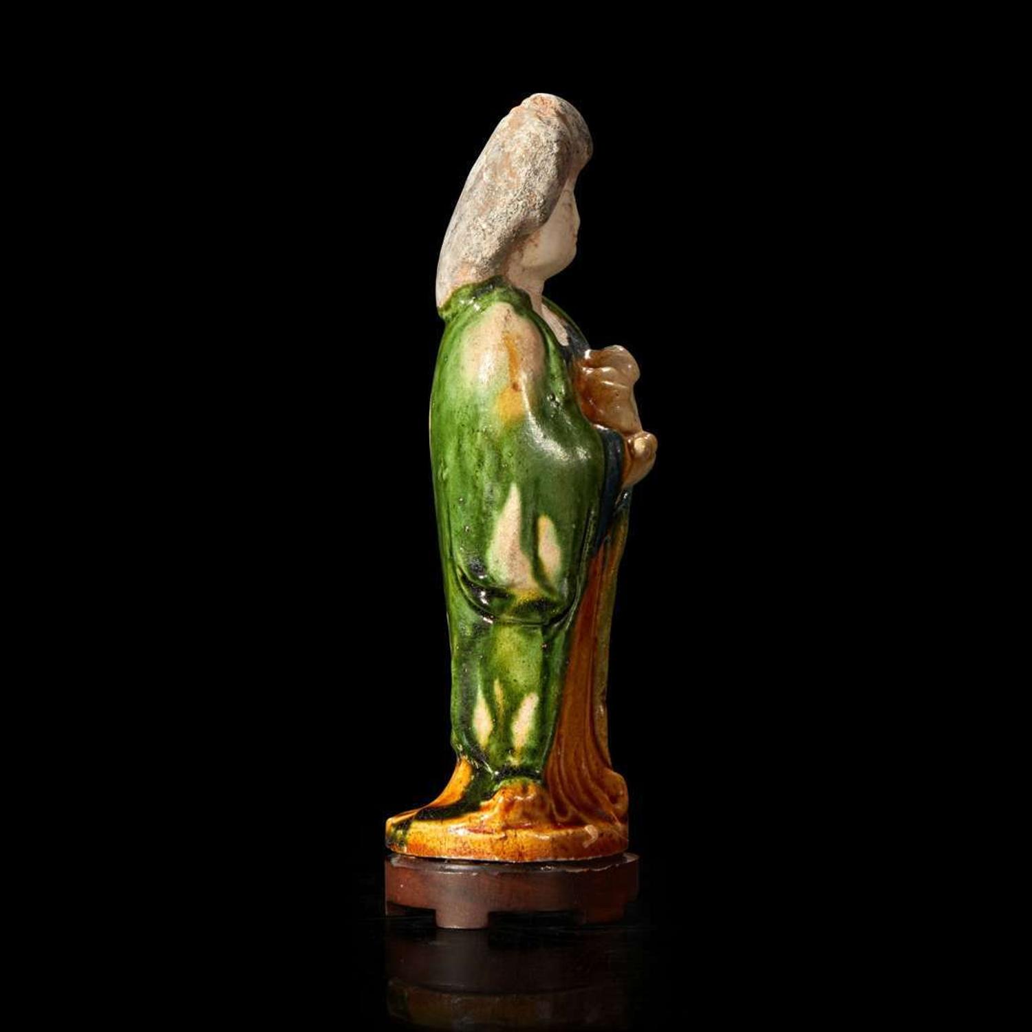 A very rare Chinese small sancai-glazed pottery figure of a woman and baby 珍罕仕女抱婴唐三彩 Tang dynasty ?