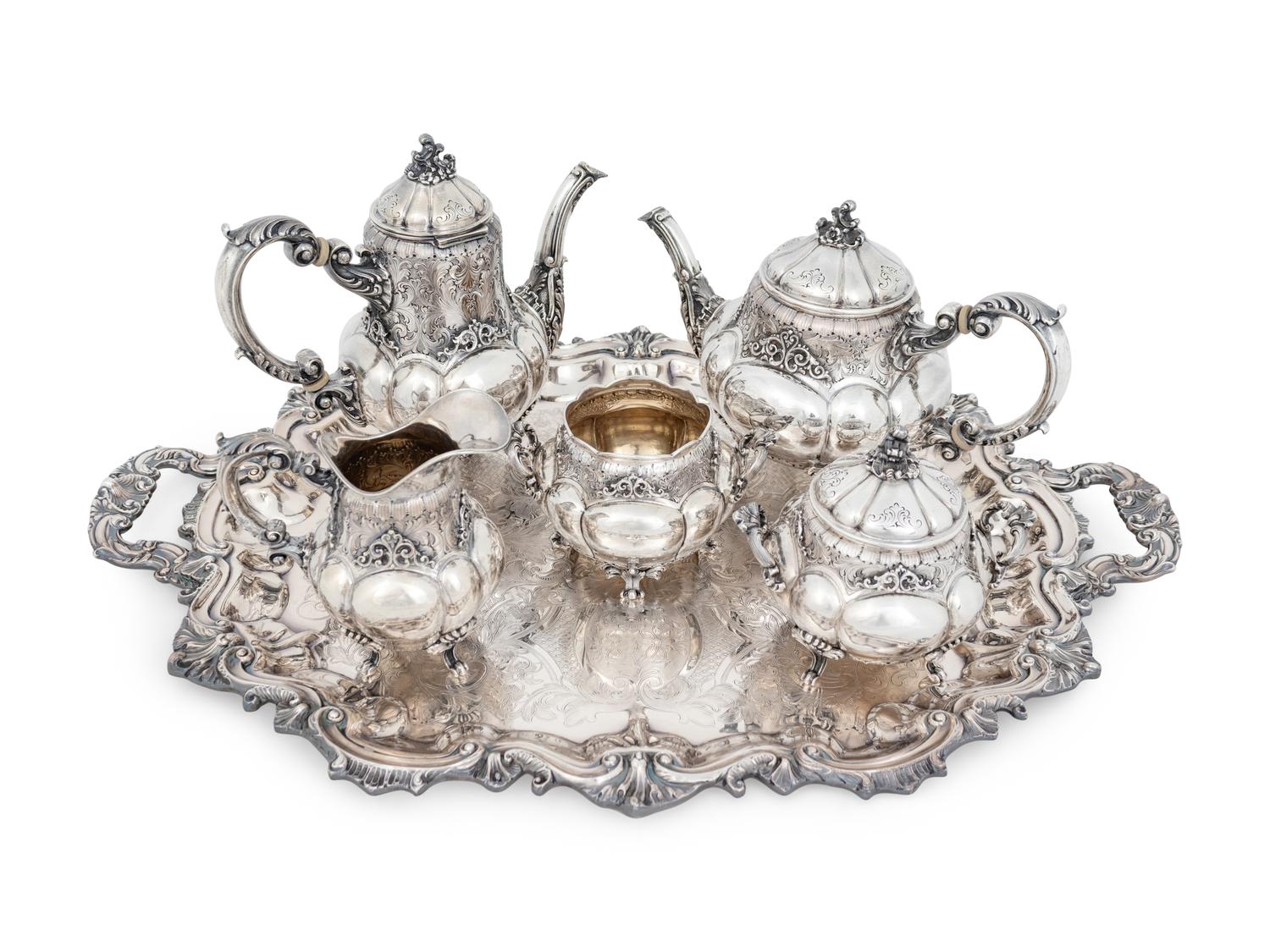 An Italian Silver Five Piece Tea and Coffee Service, with a Silver-Plated Tray