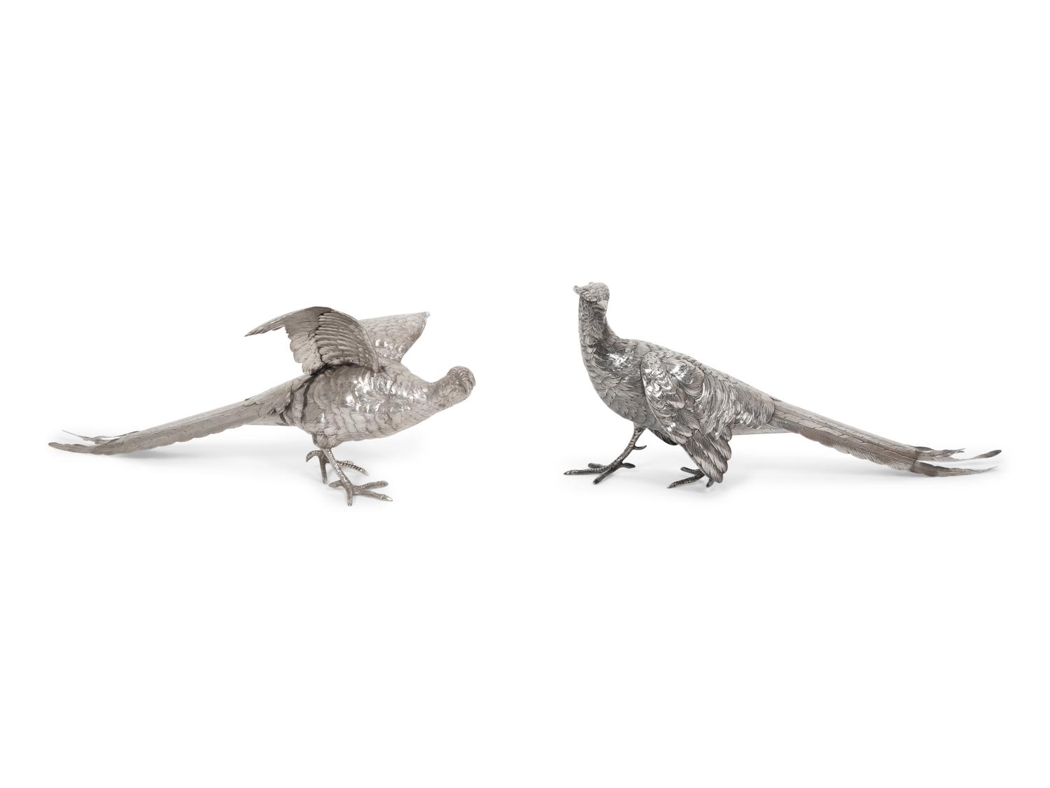 A Pair of Continental Silver Pheasant Table Ornaments