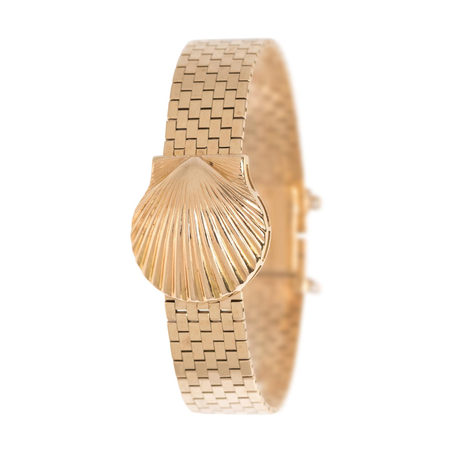 J. SCHULZ, 14K YELLOW GOLD SEASHELL SURPRISE WATCH