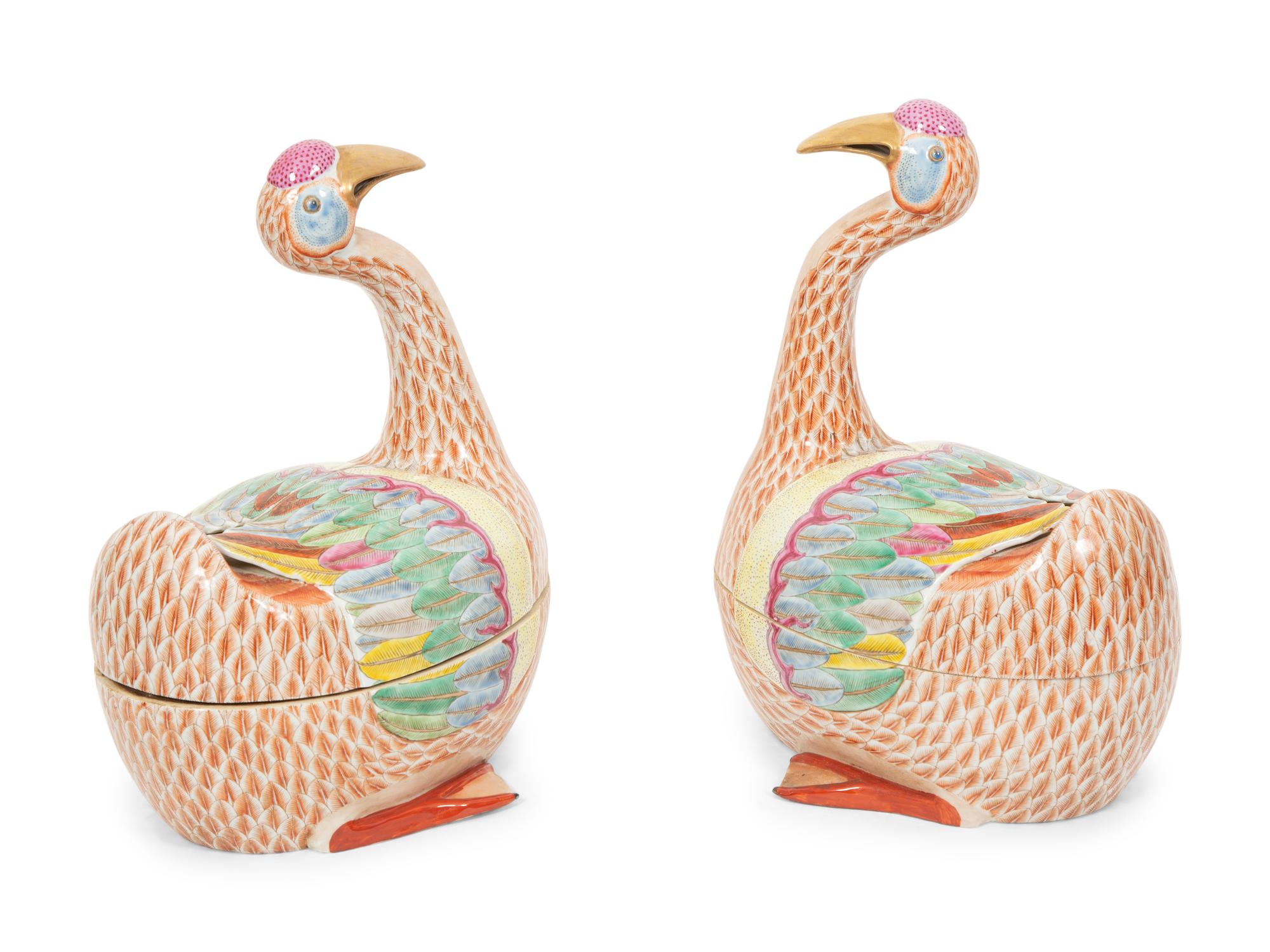 A Pair of Chinese Export Porcelain Crane-Form Tureens