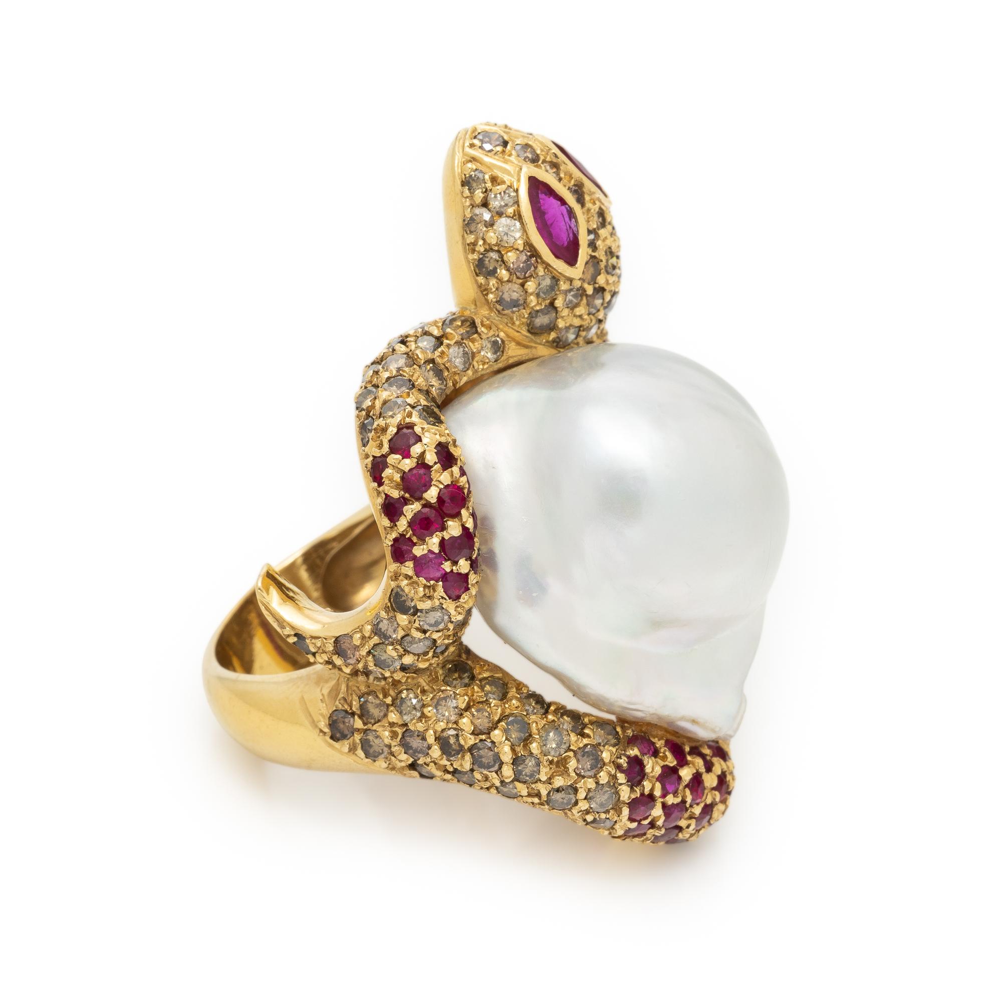 SAZINGG, RUBY, COLORED DIAMOND, BAROQUE CULTURED PEARL, AND YELLOW GOLD SNAKE RING
