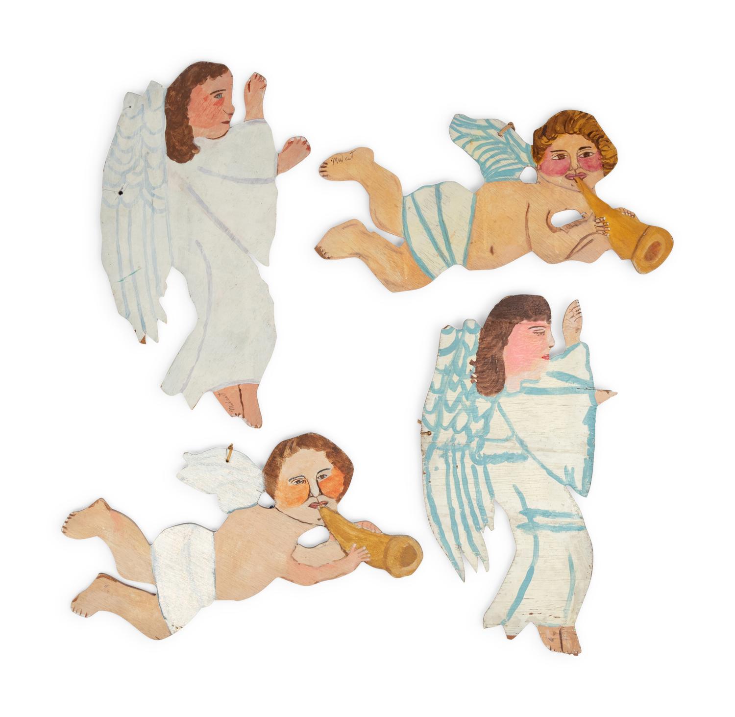 A Group of Four Hanging Angels and an Angel Mobile